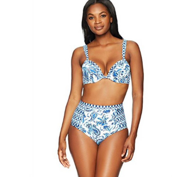 NEW COASTAL BLUE Floral Tropical High Waisted Blue & White Bikini Bottom M - Picture 3 of 8